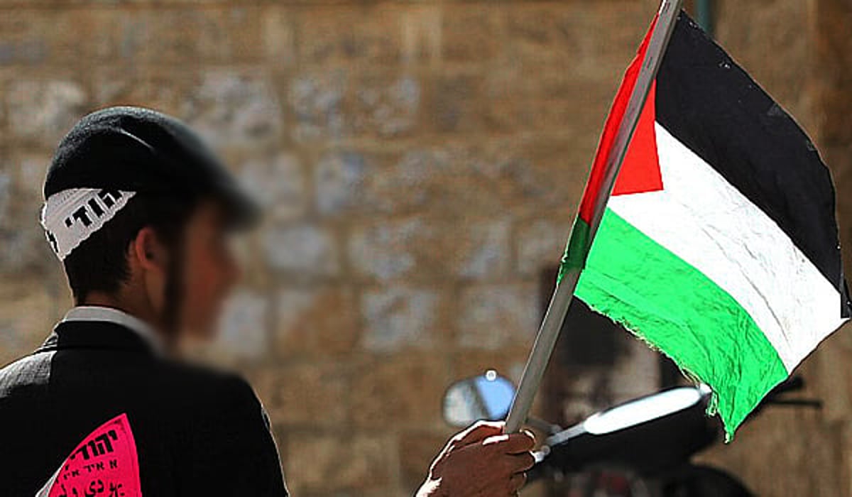 צעיר חרדי לצד דגל פלסטין