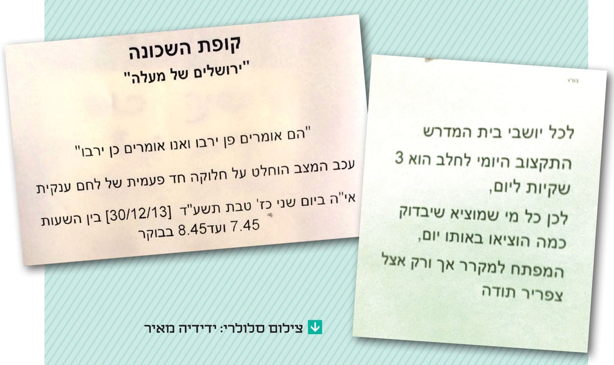 שתי המודעות האלה צולמו בשבועות האחרונים בשתי ישיבות שונות. הראשונה, שבה מבקשים מאוד מהלומדים להתקמצן על החלב, צולמה בכולל דתי-לאומי בבאר שבע. השנייה, שבה מודיעים על חלוקת לחם, צולמה בכולל חרדי בירושלים. עכשיו תגידו: הם בטלנים, הם מבזבזים זמן, צריך לגייס אותם, שילכו כבר לעבוד? אז זהו, שהייתי שם והסתכלתי טוב. הם לומדים בלי הפסקה. גם בכולל החרדי בירושלים, וגם בזה הדתי-לאומי בבאר שבע. תורתם אומנותם. אשכרה. מי שלא לומד הרי הולך ויוצא בשנים האחרונות למסלולי שירות ועבודה. המסלולים האלה, כל הזמן, הולכים ומתרחבים. הממשלה הקיצונית הנוכחית רק צריכה לא להפריע לכך.