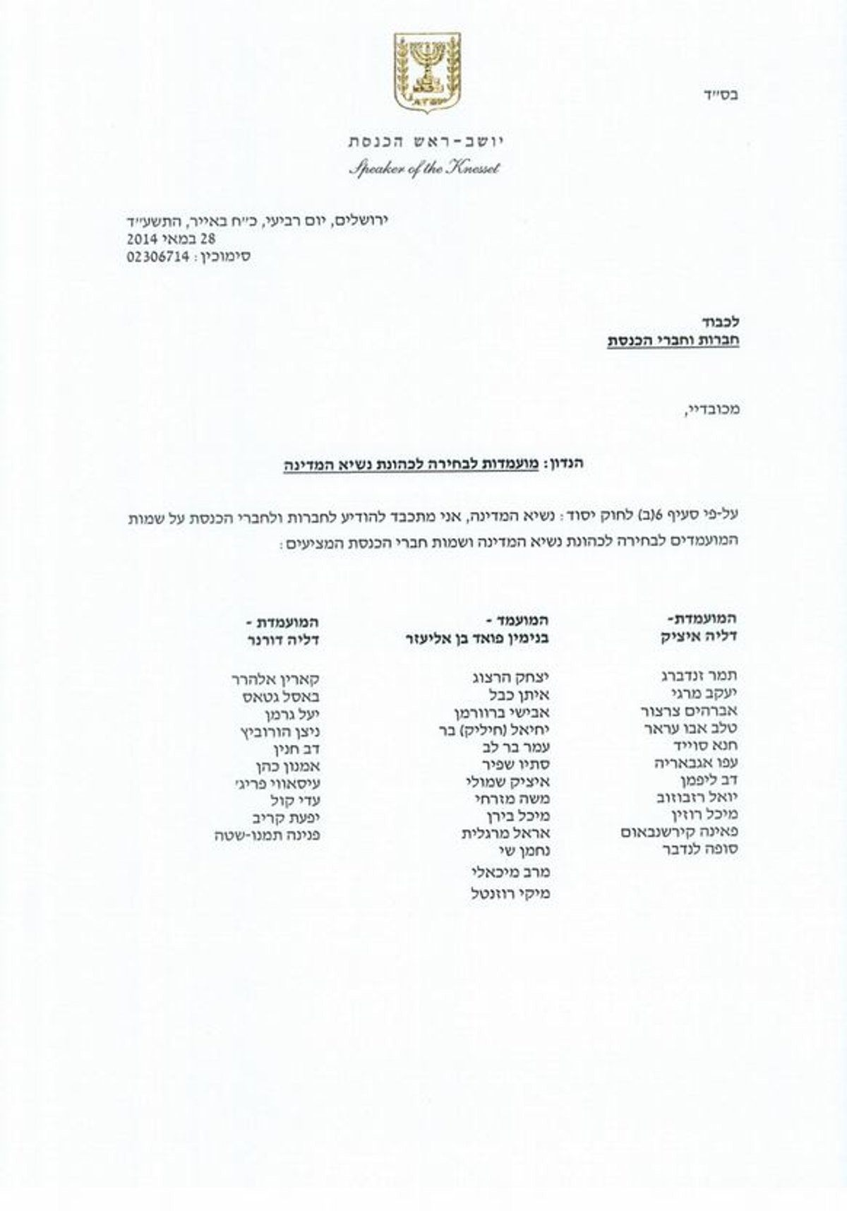 אדלשטיין אישר את ששת המועמדים בבחירות לנשיאות המדינה