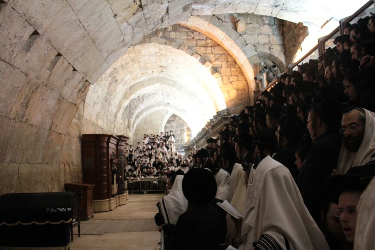 תיעוד: האדמו"ר מויז'ניץ בתפילת שחרית בצהריים בכותל המערבי