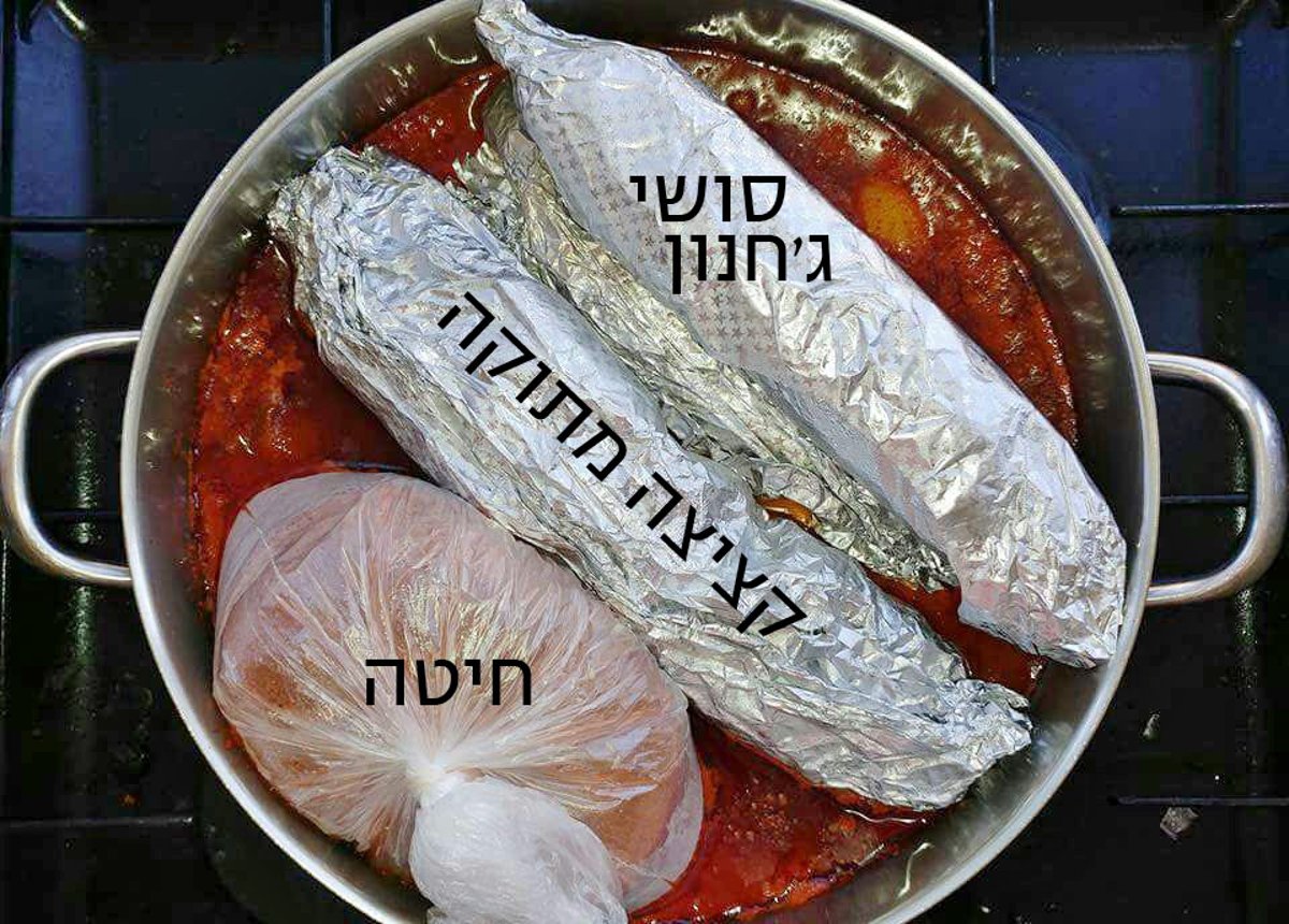 מתכון לסְכֵינַהּ - חמין מרוקאי עם חיטה, קציצה מתוקה ו"סושי-ג'חנון"