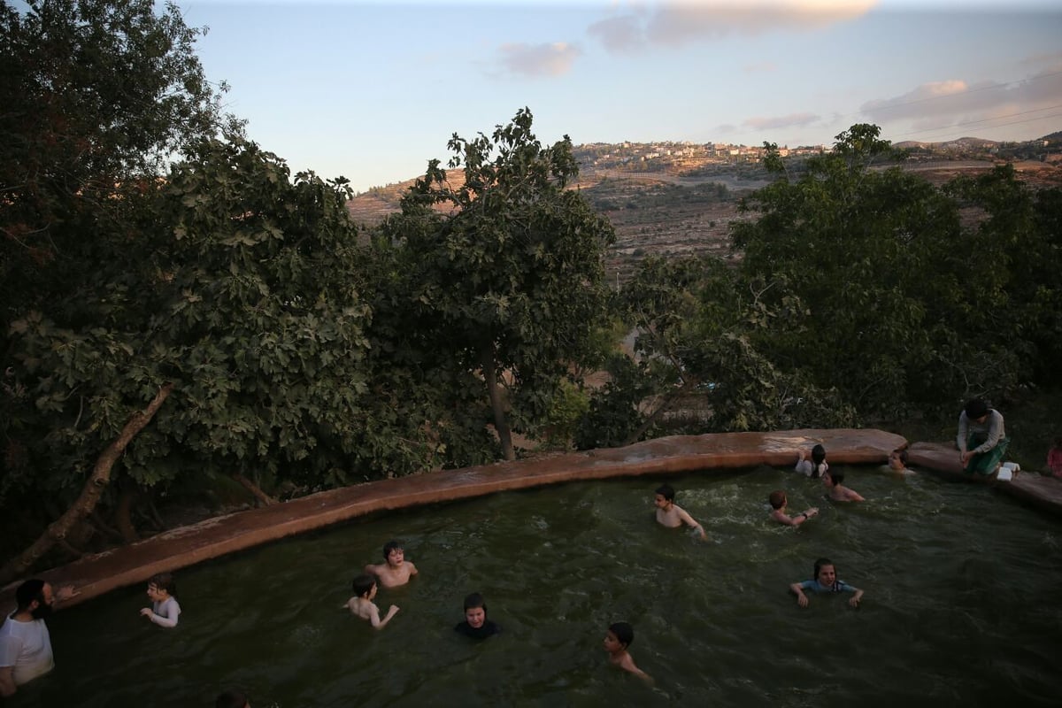 בין הזמנים: חיים גולדברג עם הרוחצים במעיין עין לבן