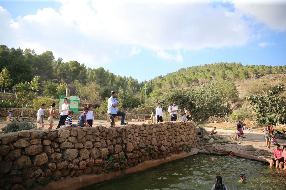 בין הזמנים: חיים גולדברג עם הרוחצים במעיין עין לבן