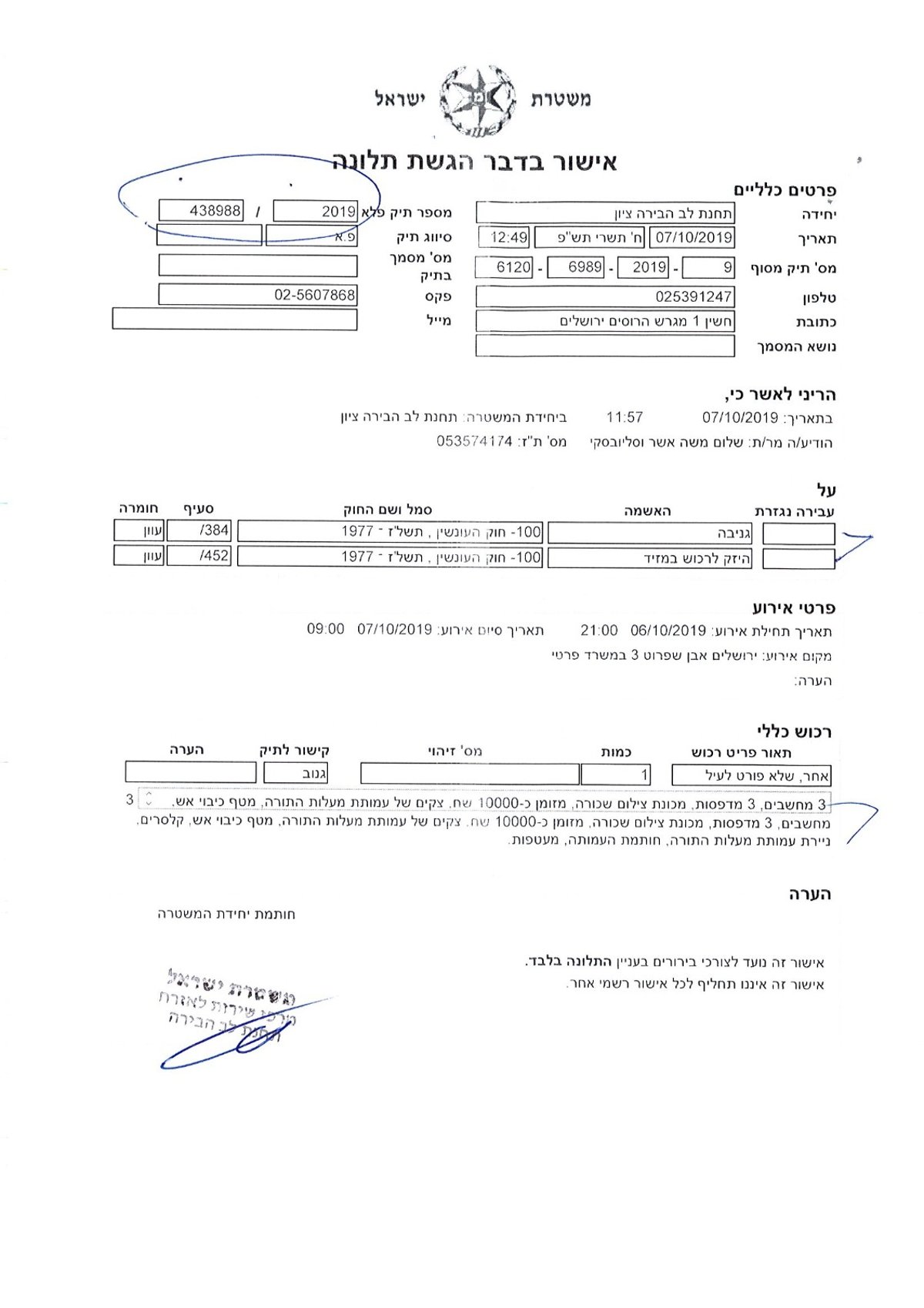 מכתב התלונה במשטרה