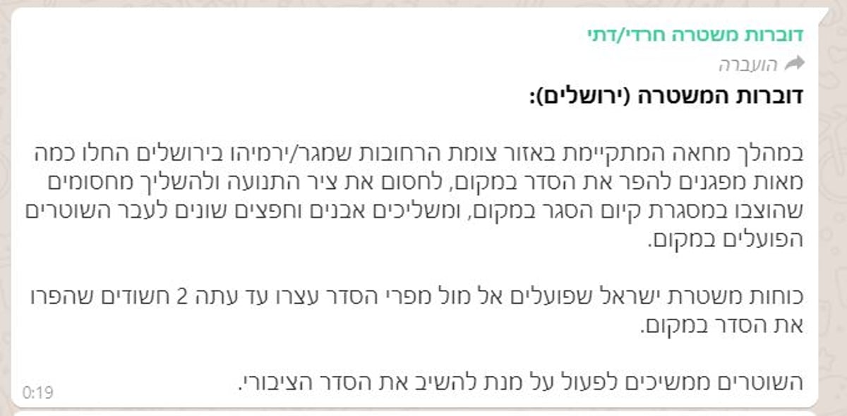 הודעת המשטרה על הפגנת החרדים בירושלים