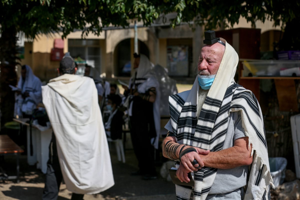 מתפללים בגינה, וקונים ד' מינים עם מסכה