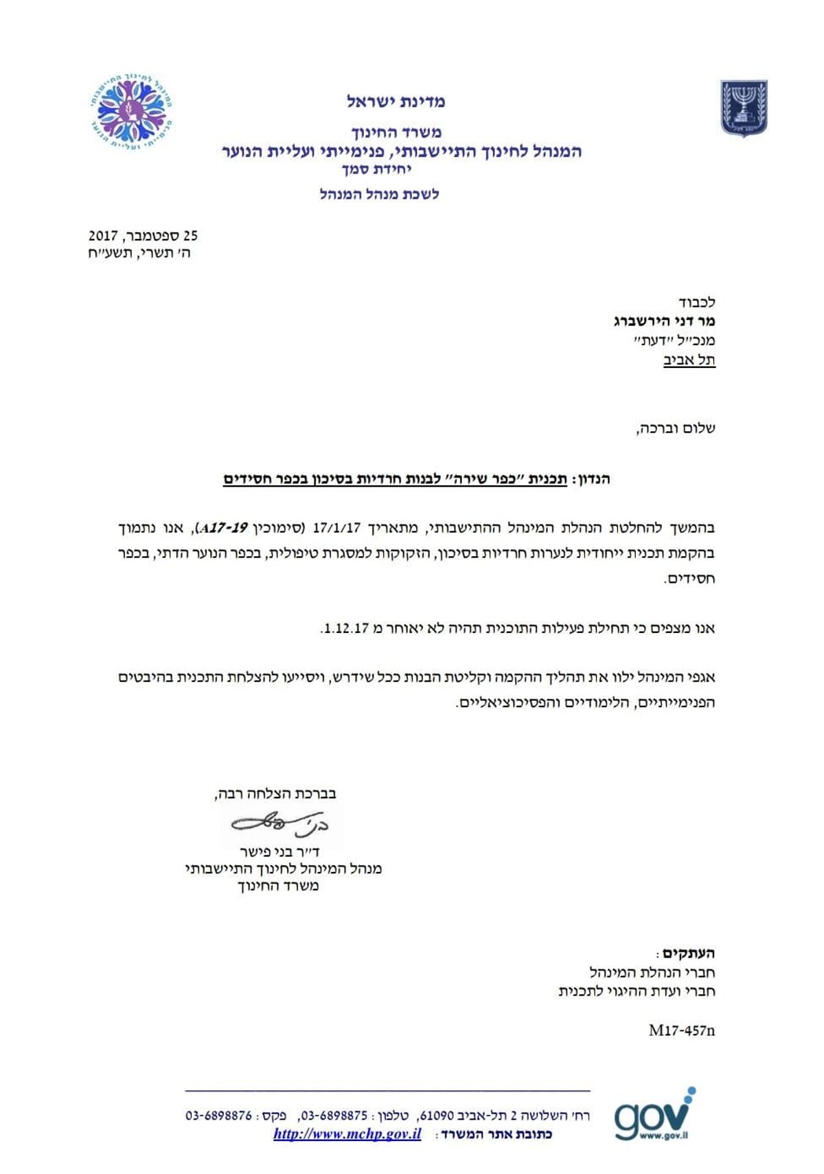 מכתב התמיכה שנשלח בעת הקמת המוסד