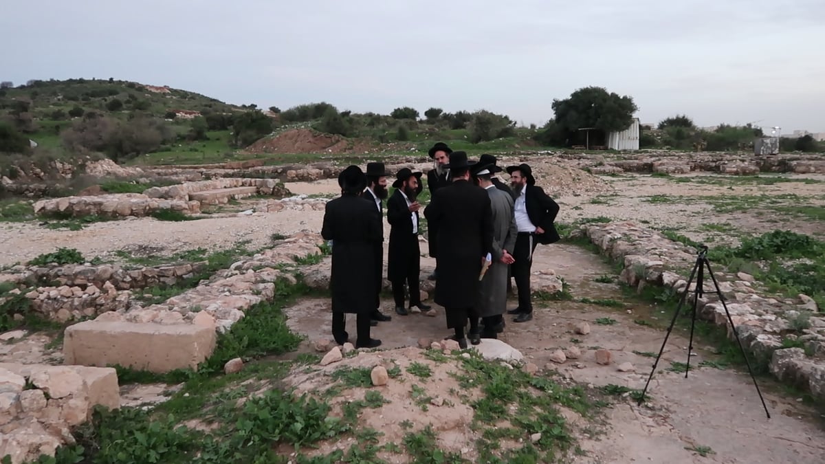 הגר"מ ברנדסדורפר בביקור בימים האחרונים ב'תל ירמות' חוקר ברגליו את החומות העתיקות לגבי סוגית פורים דמוקפים