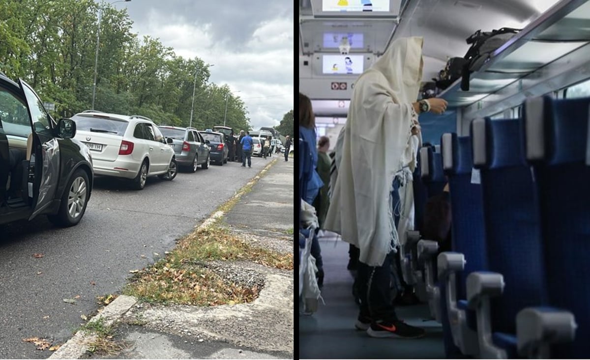 תפילה ברכבת בדרך לאומן. משמאל: תור לביקורת באוקראינה