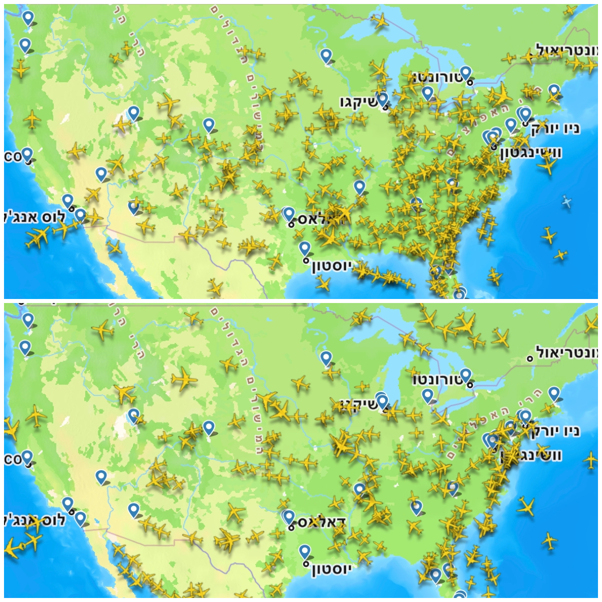 בחלק העליון: מפת המטוסים לפני 48 שעות | בחלק התחתון: מפת המטוסים בזמן התקלה