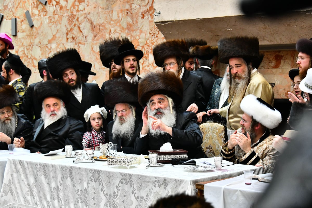 משתה היין בטיש הפורים בחצר הקודש דושינסקיא