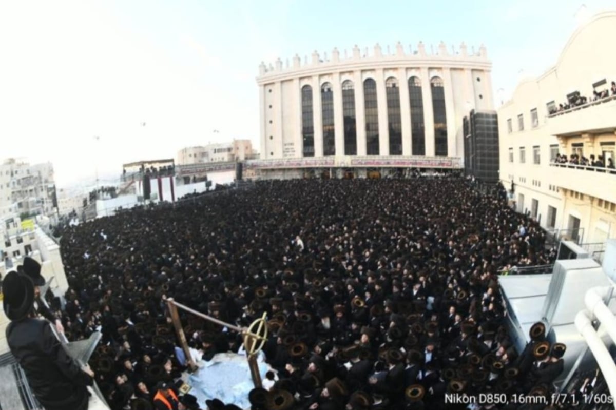 החסידים בחופת נכד האדמו"ר (מקום הטיש בראש השנה)