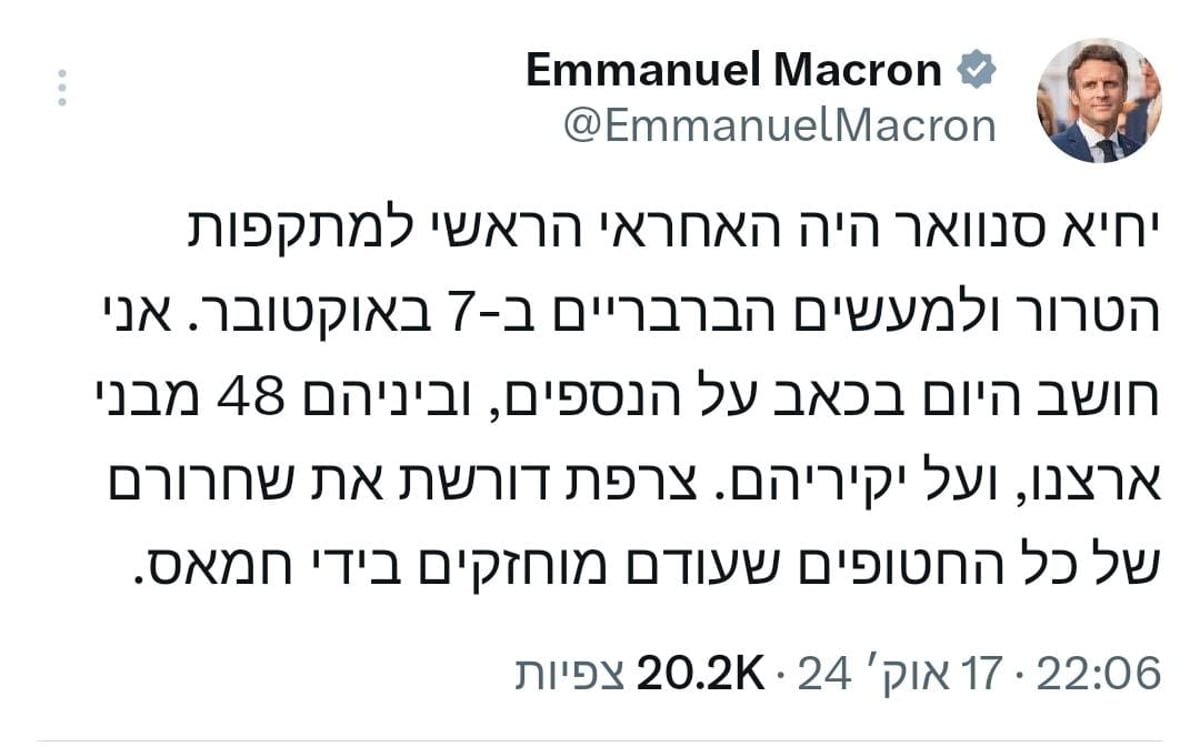 הציוץ של מקרון בעברית