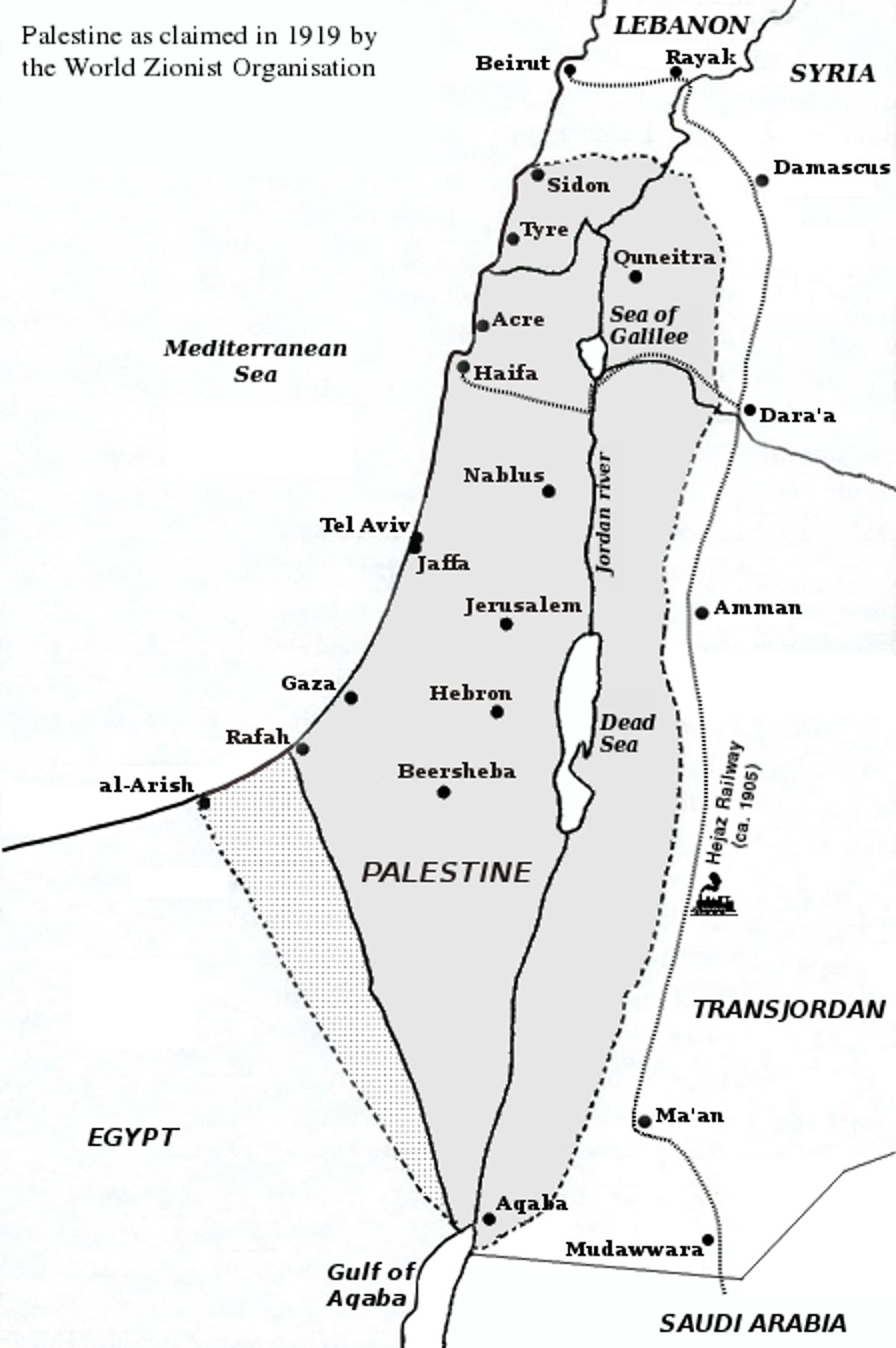 2 גדות לירדן. מפת התביעות הטריטוריאליות של התנועה הציונית כנספח למסמך התביעות הציוני שהוצג בפני ועידת השלום ב-3 בפברואר 1919. גבולות המדינה היהודית מסומנים בקו קטוע