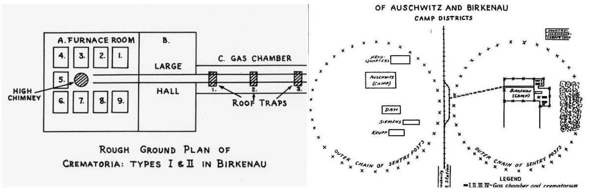 שרטוט של תאי הגזים והמשרפות של אושוויץ-בירקנאו מתוך הדו"ח שצייר ורבה
