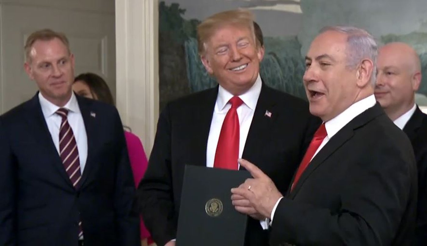 טראמפ ונתניהו בטקס ההכרה בגולן בבית הלבן