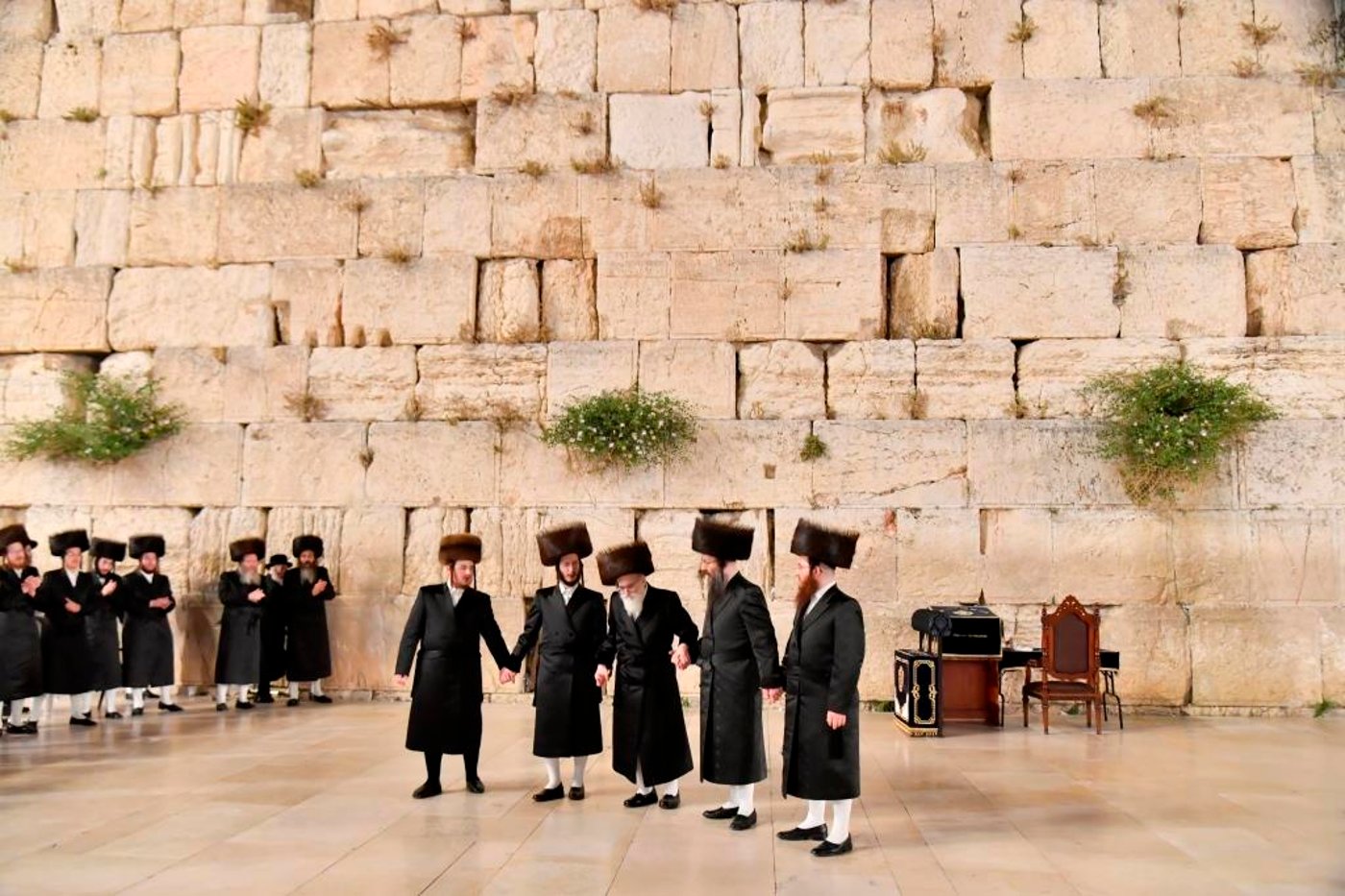 האדמו"ר מויז'ניץ בתפילה ברחבת הכותל המערבי