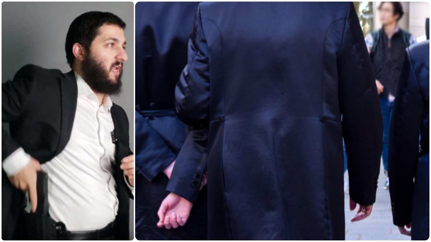 מימין: חסידים עטויי קפוטות בחו"ל; משמאל: כהן בהדגמה