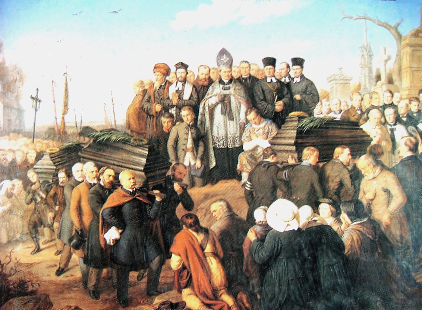 "הלווייתם של חמשת הנופלים ב-1861", ציור מאת אלכסנדר לֶסֶר: הגאון רבי אברהם מייזלש בין אנשי הדת, למעלה משמאל. יצוין שבמהדורתו של הגאון והחוקר רבי יקותיאל אריה קמלהאר שיצאה בהוצאת מוסד הרב קוק, הצלבים צונזרו כנדרש