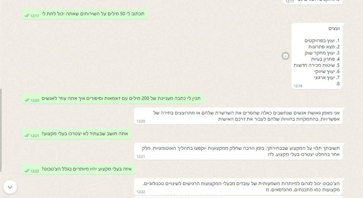 צילומסך של ההתכתבות עם הצ'אט