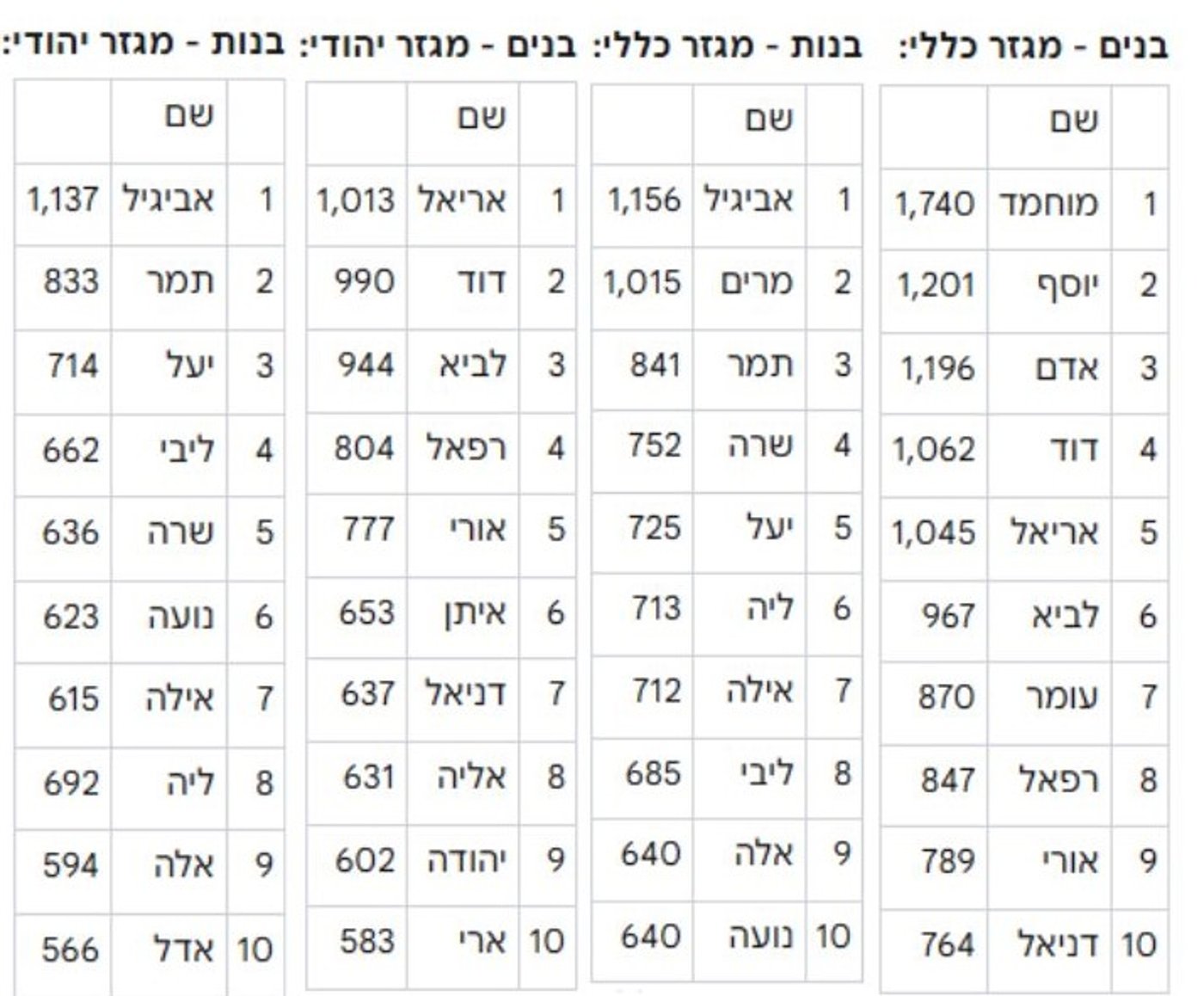 השמות הנפוצים 2024