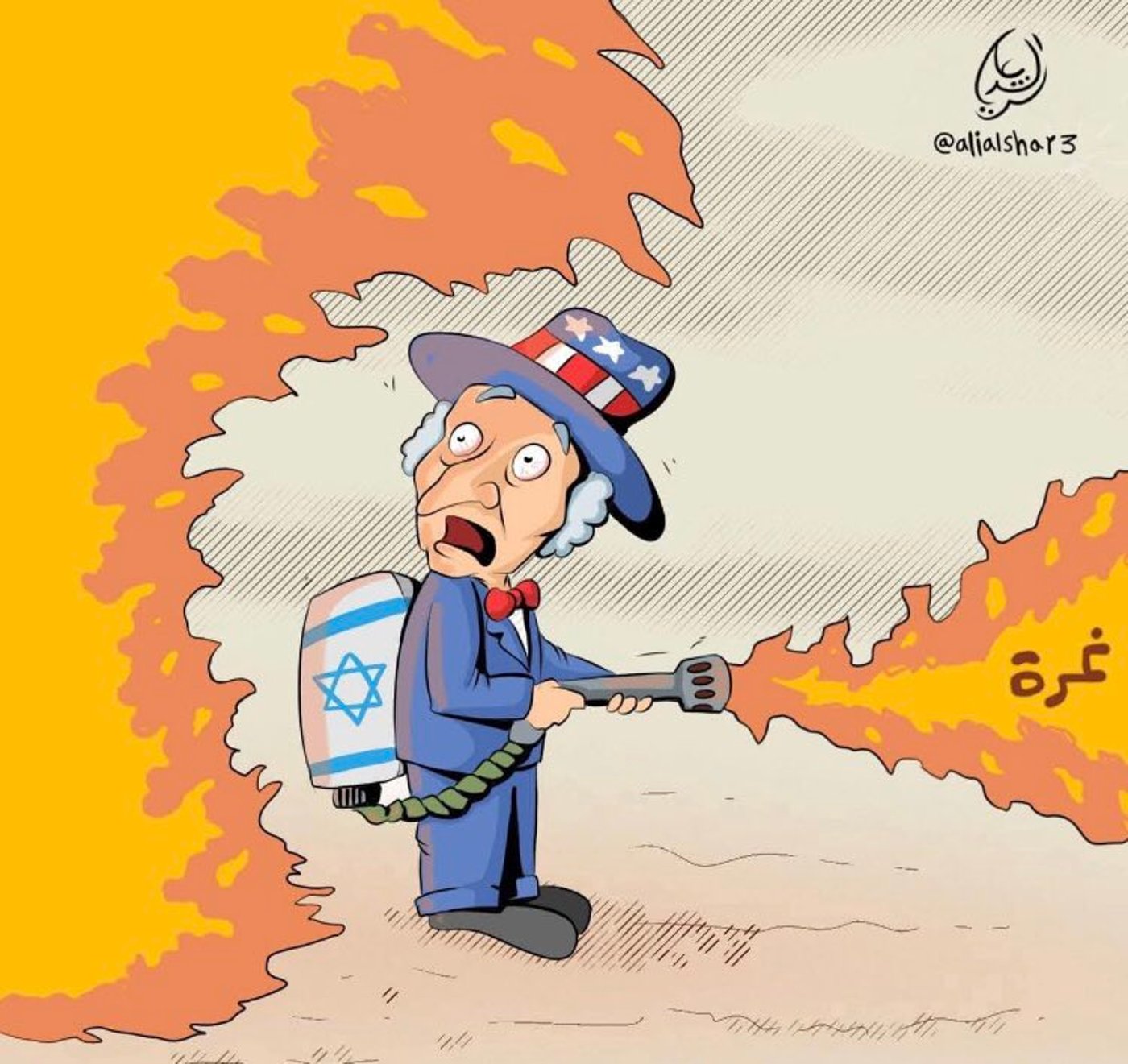 קריקטורה ערבית המציגה את ישראל כמי שגמרה את המים לאמריקה