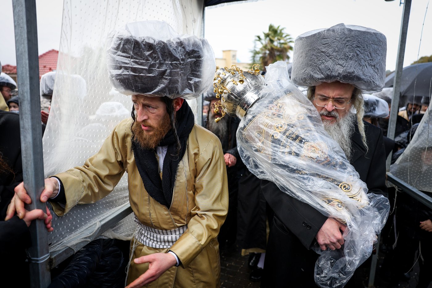 חסידי תולדות אהרון בהכנסת ספר תורה תחת גשם שוטף בציון הרשב"י במירון