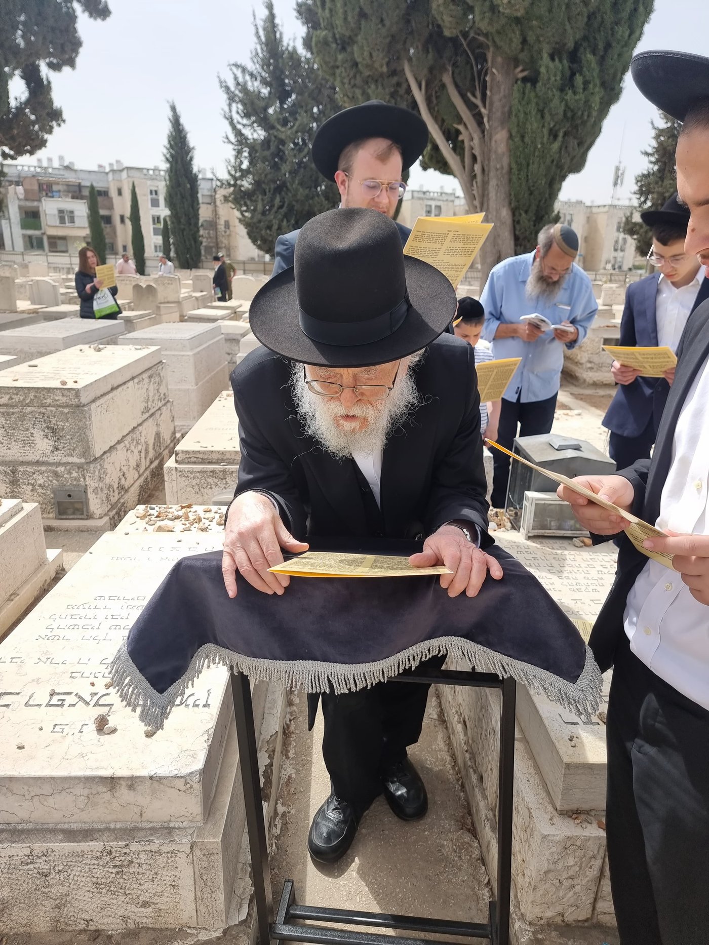 הגרב"ד אלישיב בתפילה ע"י ציון זקינו הגאון רבי אריה לוין ביום היארצייט