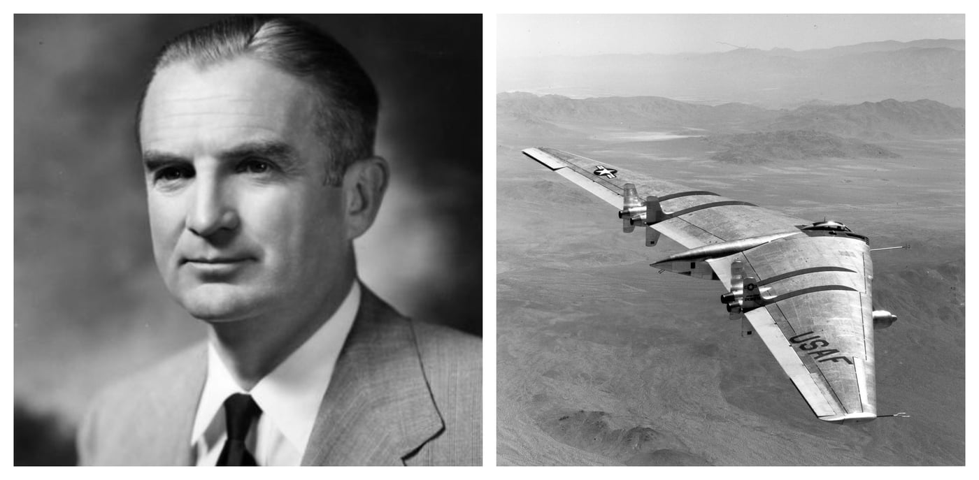 מימין: חלומו האחרון של ג'ק נורת'רופ מפציץ YB-49 | משמאל - מזכיר חיל האוויר של ארה"ב סטיוארט סימינגטון