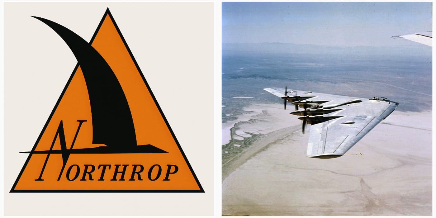 עיקרון כנף אחת - מימין: מפציץ YB-35 של נורת'רופ משנת (1947) - משמאל סמליל החברה