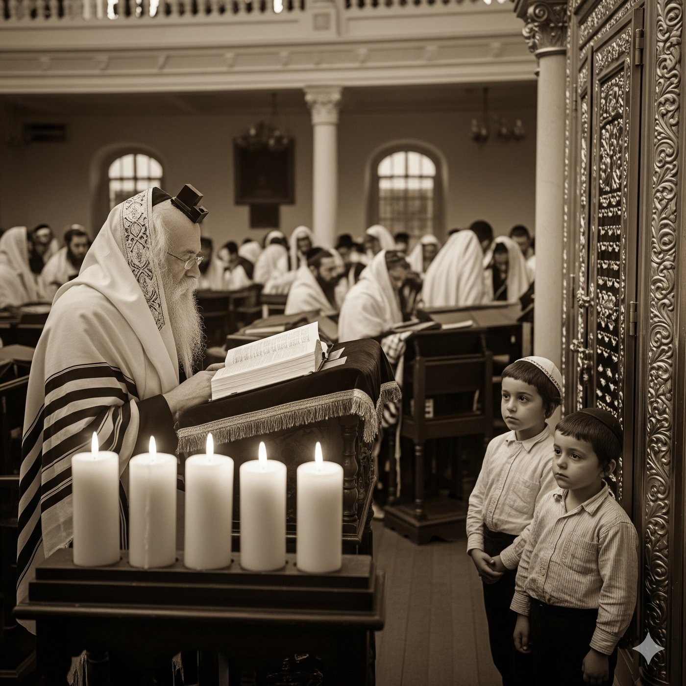 ילדים מביטים בהערצה אל הרב היורד לפני התיבה