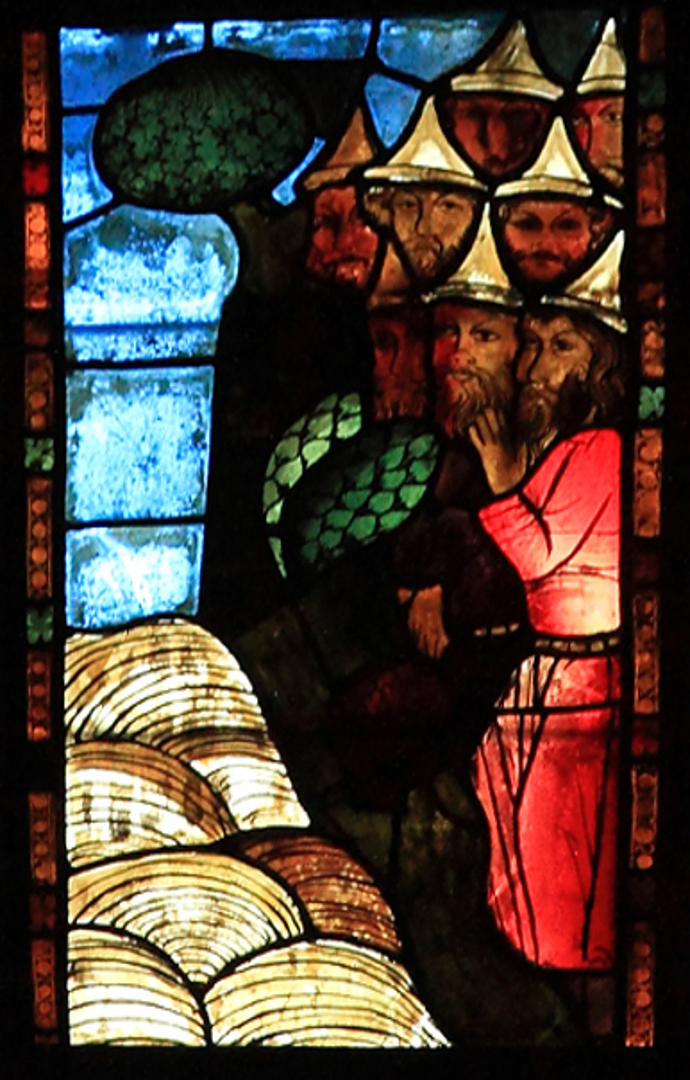 יהודים מחכים על הגדה של נהר הסמבטיון. חלון ויטראז' בכנסייה בעיר פרנקפורט על האודר בגרמניה