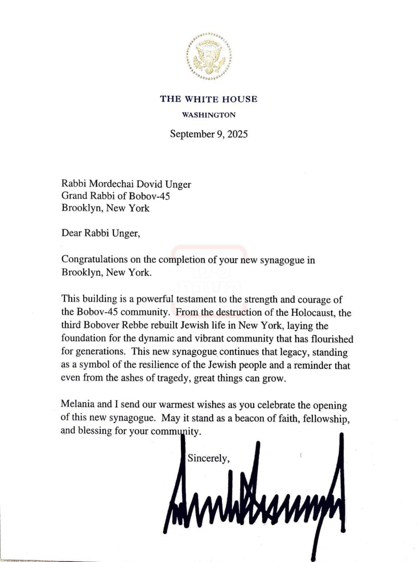 מכתבו של הנשיא טראמפ, אל האדמו"ר מבאבוב 45