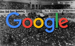 לוגו גוגל. ברקע: עצרת אנטישמית בברלין באוגוסט 1935
