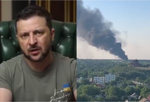 מימין: אש בוערת באוקראינה, היום. משמאל: נאומו הלילי של זלנסקי