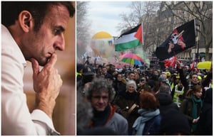 המחאות נגד הרפורמה בפנסיה של מקרון | משמאל: נשיא צרפת מקרון