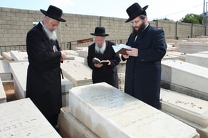 כותב השורות (מימין) שיבל"א עם הרב מנחם אירנשטיין ז"ל על קברו של ר' יענקל תלמוד ז"ל