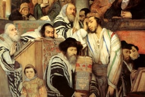 ציור של תפילת כל נדרי בבית הכנסת ביום הכיפורים