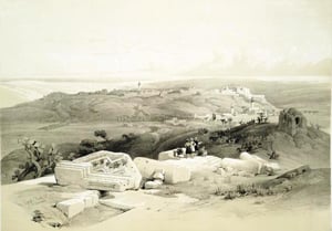 ציור העיר עזה במאה ה-19. הצייר התכוון לצייר את שרידי עמודי שמשון האגדים ששבר ביום מותו