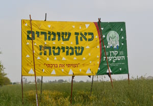 שלט שמיטה המוצב בשדה חקלאי - "כאן שומרים שמיטה"