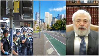 מימין לשמאל: הגר"י אולמאן בראיון; העיר מלבורן ריקה מאדם; כוחות משטרה אוכפים את הסגר
