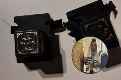 התפילין הגזורות. בקטן: הרב חליואה בבית הכנסת