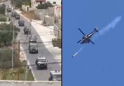 שיירת צה"ל בכניסה לג'נין והיום ומסוק הקרב היורה