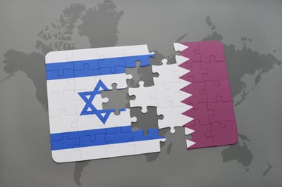 פאזל עם דגלי ישראל וקטאר על רקע מפת העולם