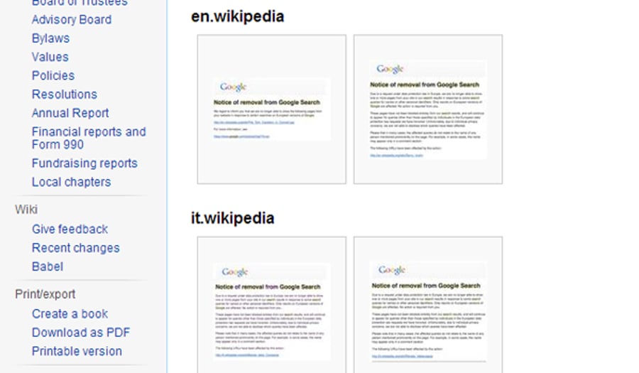 ויקיפדיה מציגה את ההודעות שקיבלה ממנועי חיפוש