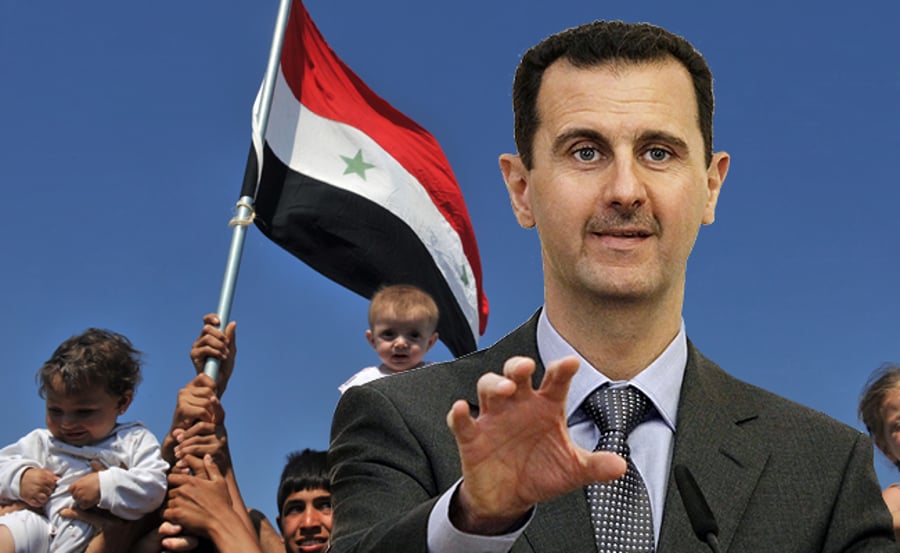 בשאר אסד על רקע דגל סוריה