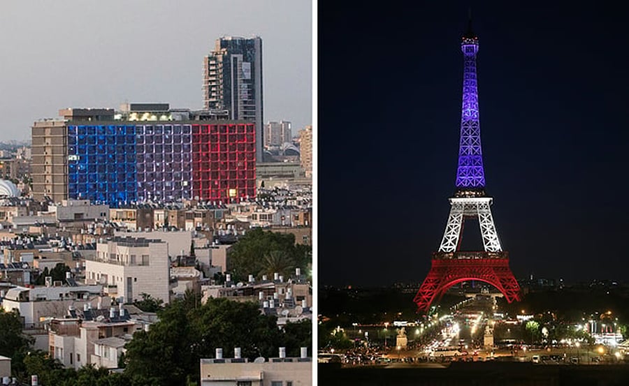 תל אביב ומגדל אייפל הוארו בצבעי הדגל הצרפתי. צפו