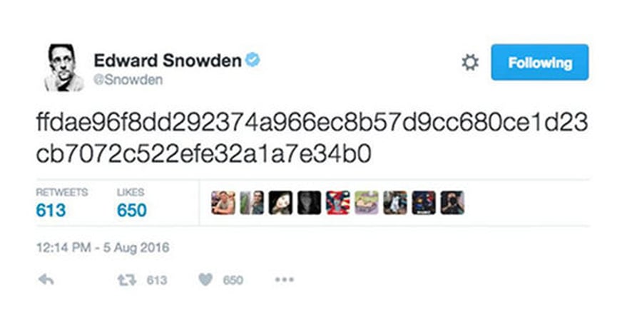 הודעת נסתרת ששלח סנואודן בחשבון הטוויטר שלו ביום רביעי