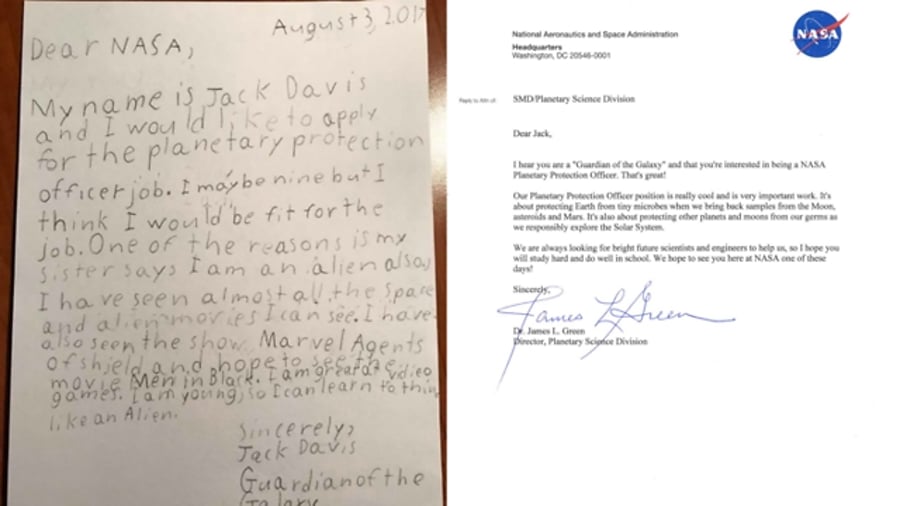 המכתב ששלח הילד לנאס"א ולצידו מכתב התשובה מהסוכנות