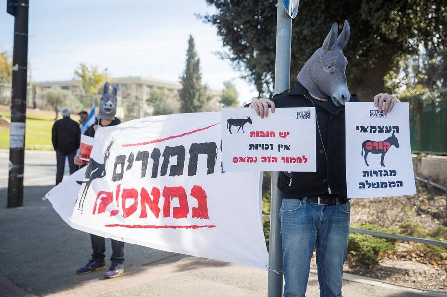 מפגינים עוטים מסכות חמור בהפגנה שנערכה מול משרד האוצר בירושלים כחלק ממחאת העסקים העצמאיים בישראל